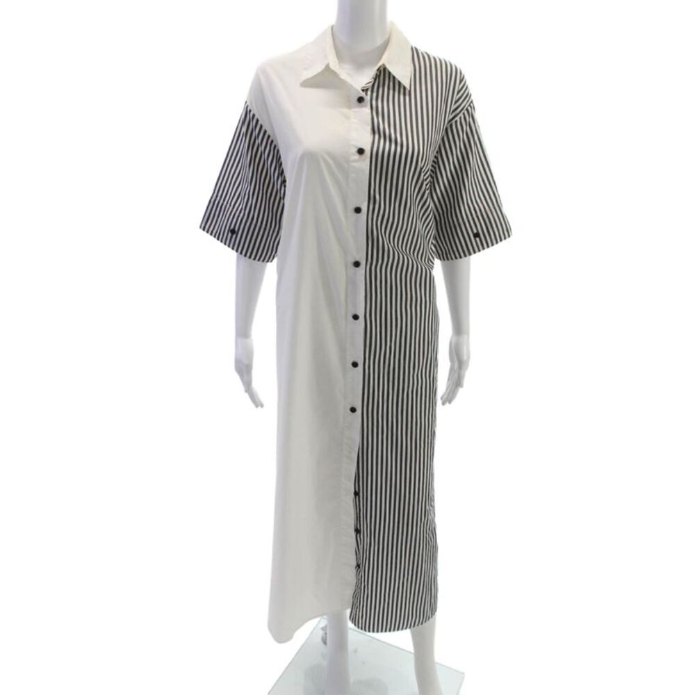 Tome Women Shirt Dress White Colorblock Short Sleeve Button Maxi Size 6